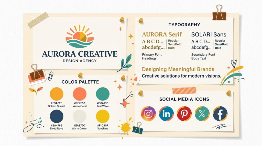 entrepreneur building brand identity including logo colors and social media after creating business plan