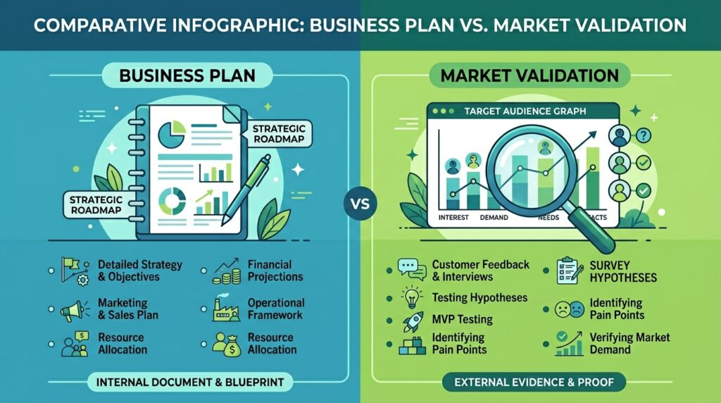 entrepreneur validating business idea with market research after creating a business plan
