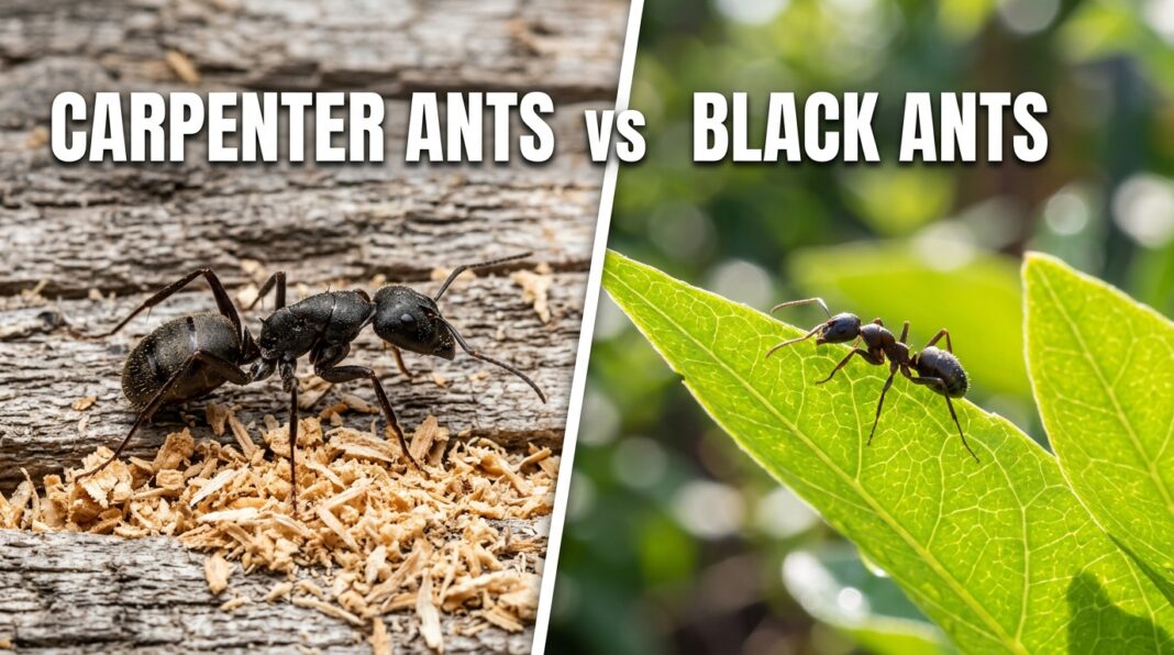Carpenter ants vs black ants side-by-side comparison showing size and habitat differences