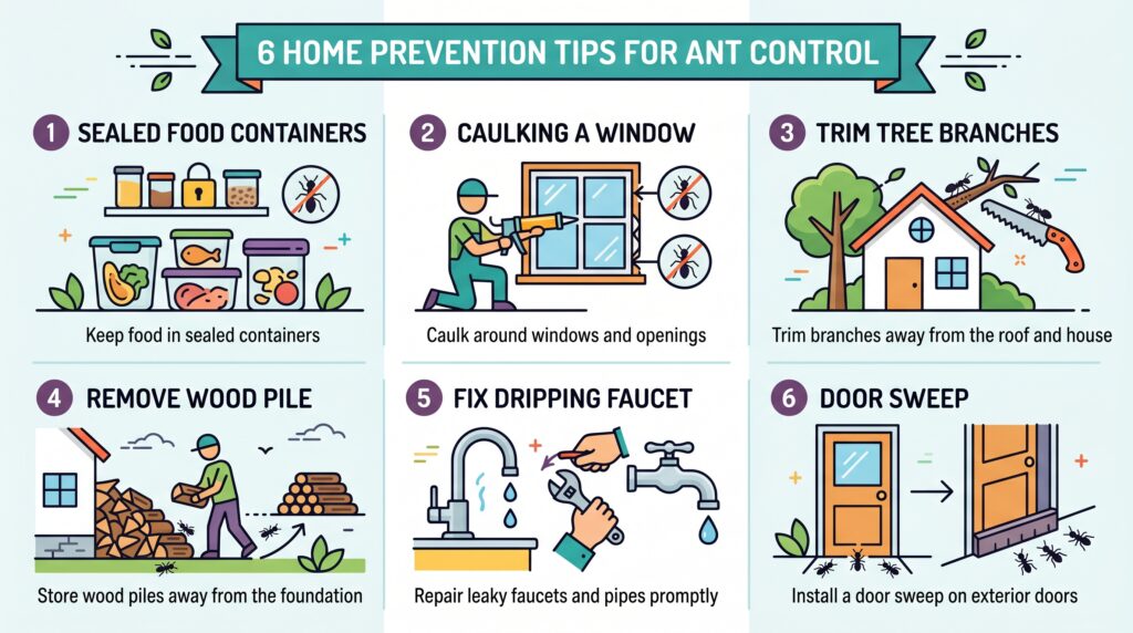 Ant prevention tips infographic showing steps to stop carpenter ants and black ants