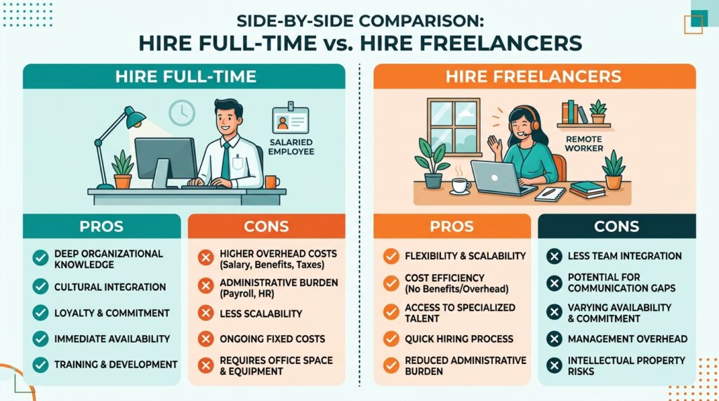 comparison of hiring full-time employees vs freelancers for a new business startup