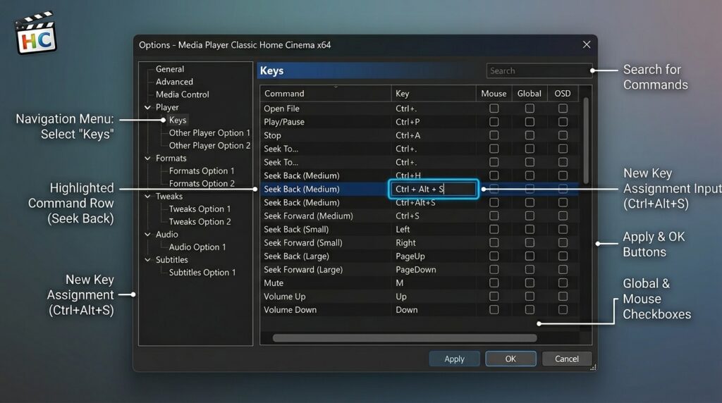 MPC-HC64 Options Keys panel showing how to assign a custom keyboard shortcut command