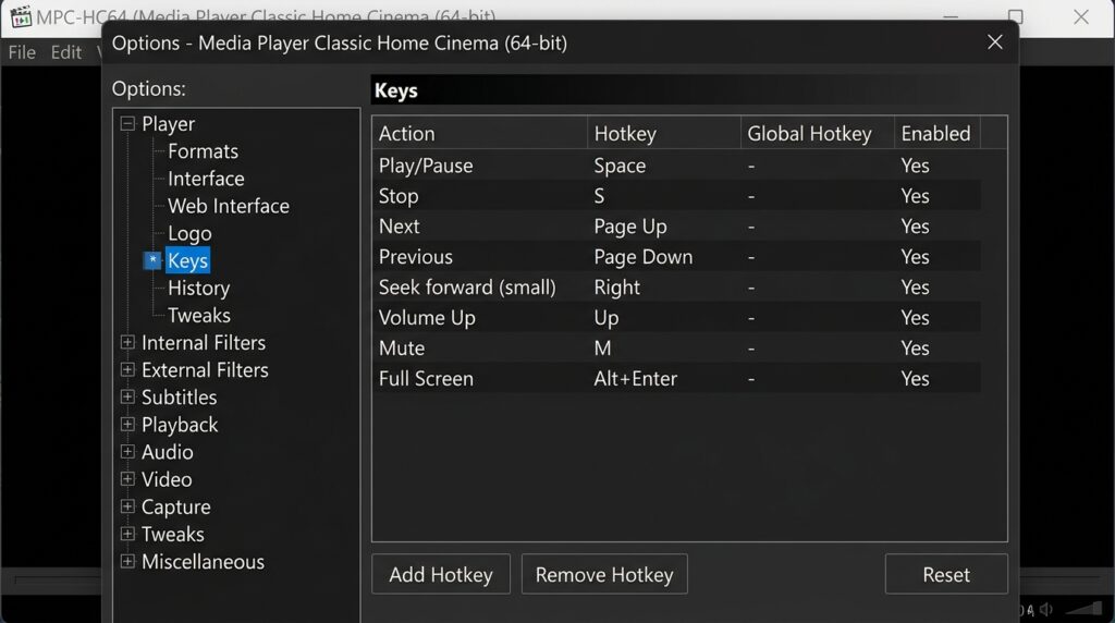MPC-HC64 Options sidebar with Player > Keys section highlighted for key binding configuration