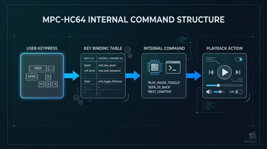 MPC-HC64 custom command key binding flowchart showing how keypress triggers internal playback commands