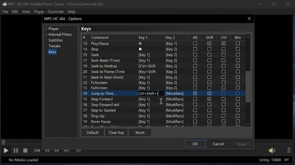 Assigning a custom keyboard shortcut in MPC-HC64 keys settings panel — step-by-step example