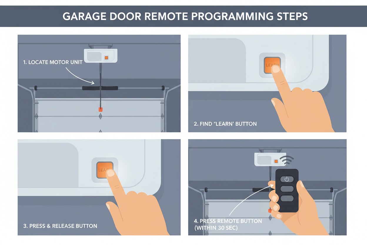 Step-by-step diagram showing how to reset a garage door opener