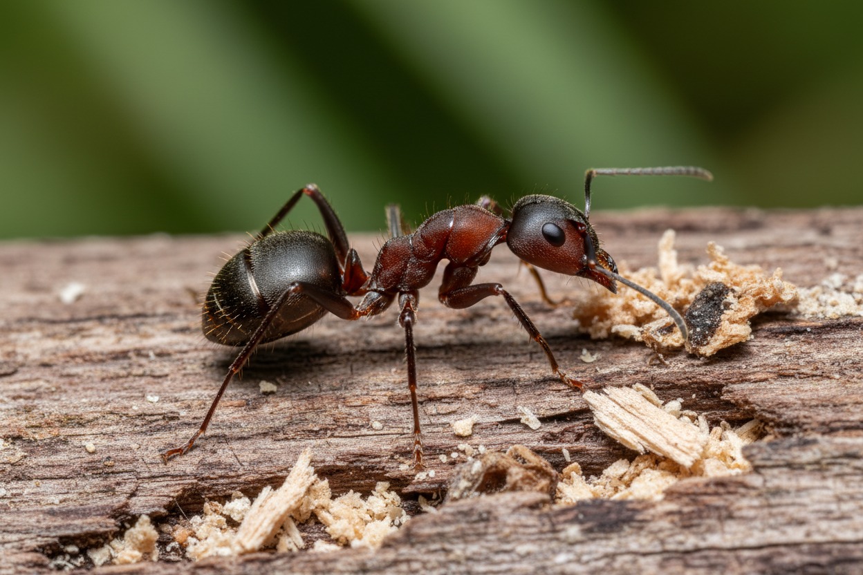 Carpenter ant on rotting wood with sawdust — carpenter ant identification