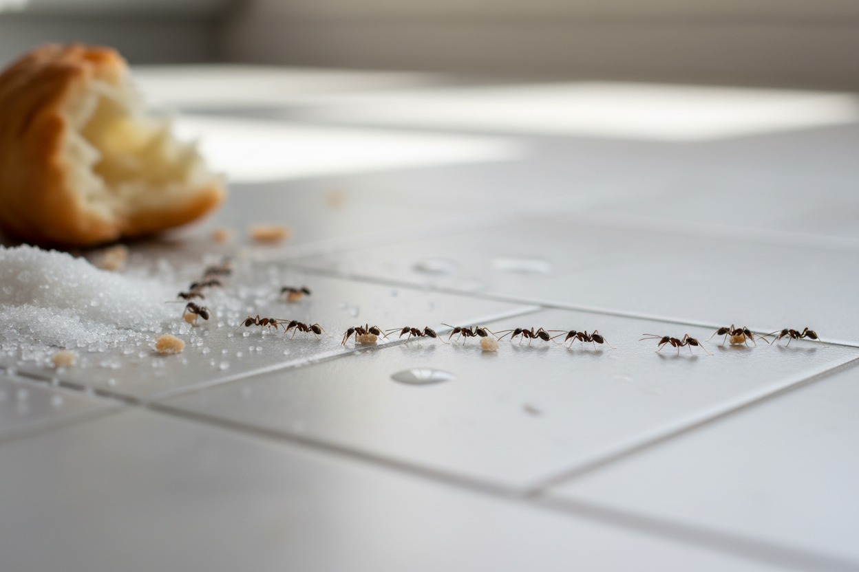 Small black ants forming a trail — black ant vs carpenter ant size comparison