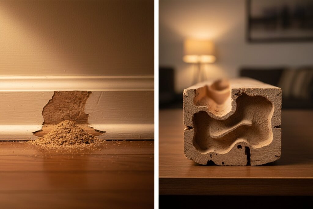 Carpenter ant damage showing frass and wood galleries inside a wall