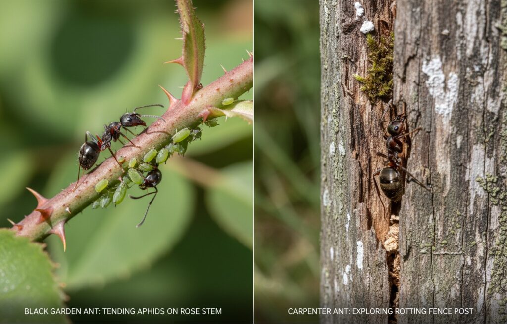 Black garden ant vs carpenter ant in outdoor environments showing different behavior