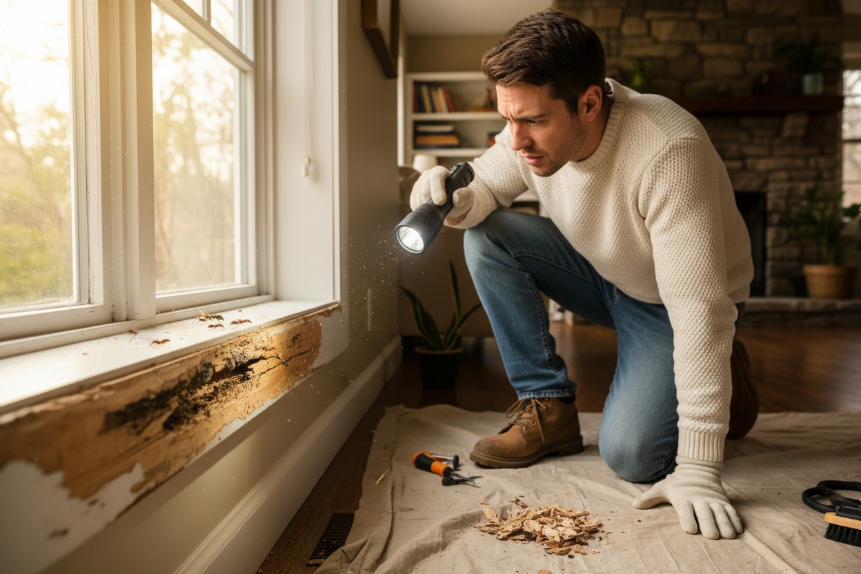Homeowner inspecting carpenter ant wood damage near window frame