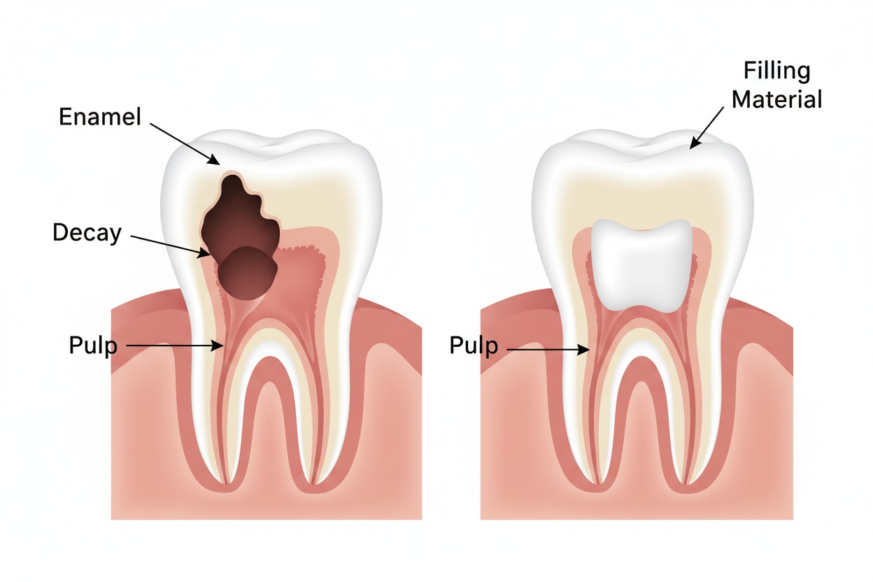 diagram showing what a dental cavity filling looks like inside a tooth