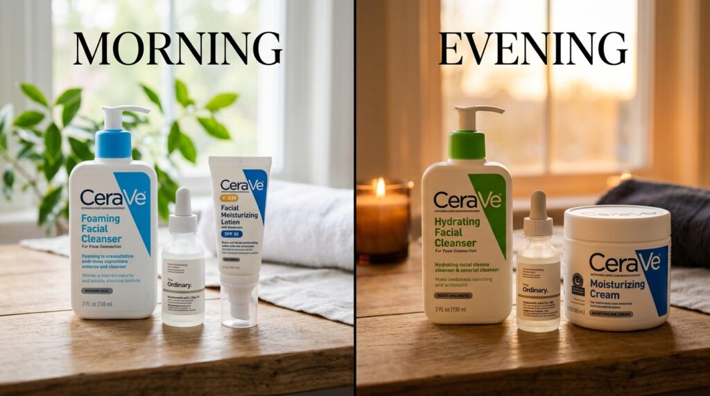 Morning and evening skincare routine combining CeraVe and The Ordinary products