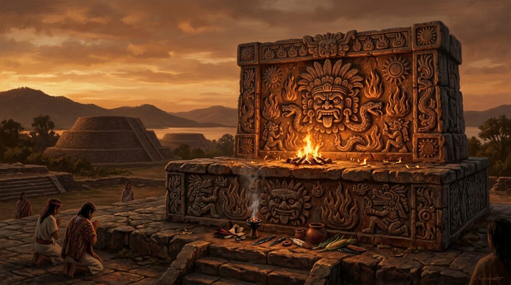Ancient Purépecha fire deity Huehueteotl represented in stone carving, origin of the Danza de los Viejitos meaning