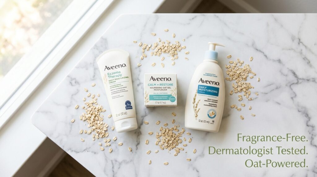 Aveeno Eczema Therapy Calm Restore and Daily Moisturizing Lotion for sensitive skin fragrance-free lineup