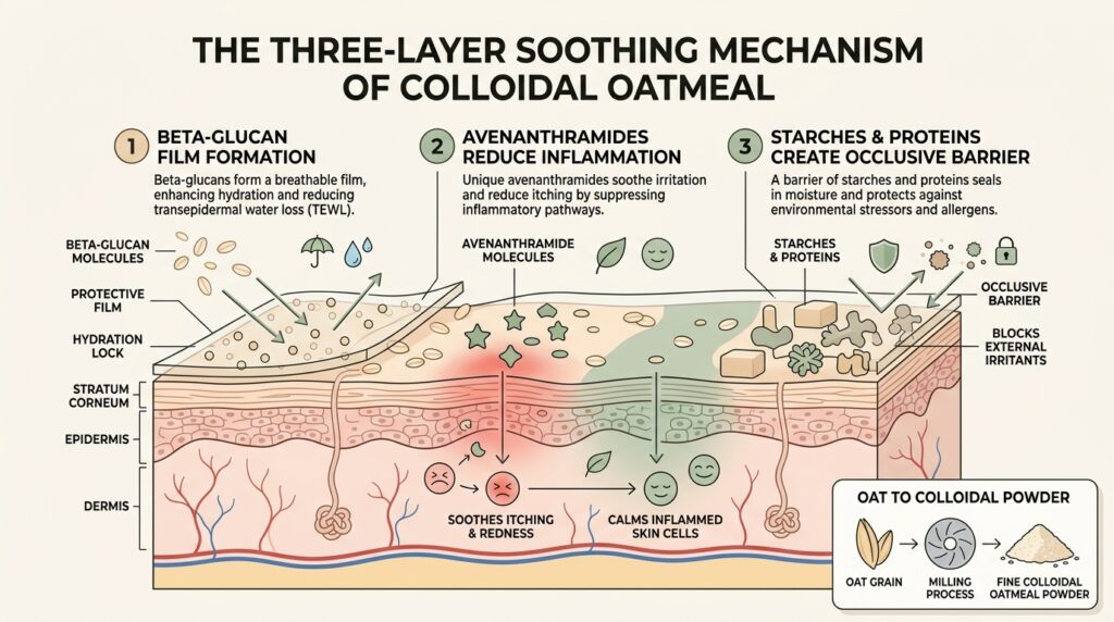 Infographic showing how colloidal oatmeal beta-glucan and avenanthramides protect sensitive skin barrier