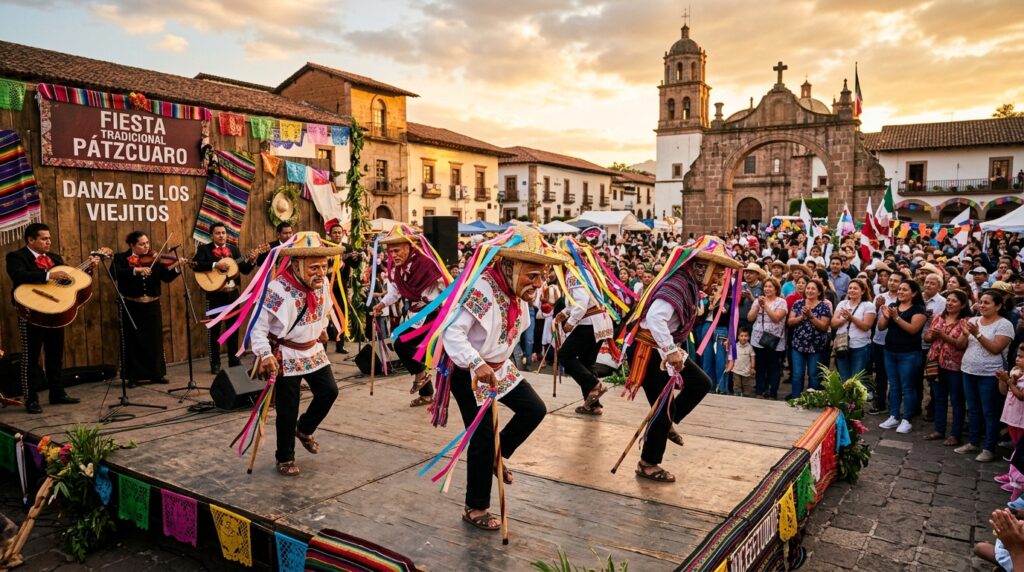Traditional Danza de los Viejitos performance in Pátzcuaro Michoacán Mexico with dancers in full Purépecha costume