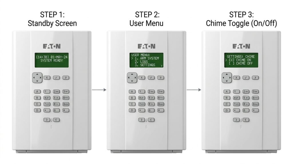 Eaton i-on alarm system user menu navigation steps to access chime settings
