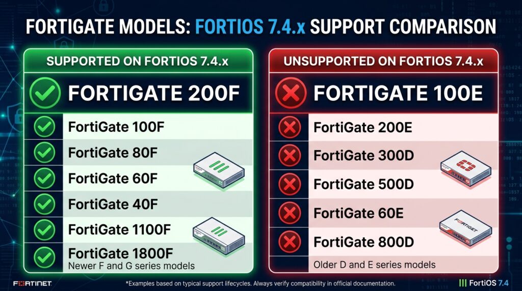 FortiGate hardware model compatibility with FortiOS 7.4.x upgrade compatibility chart
