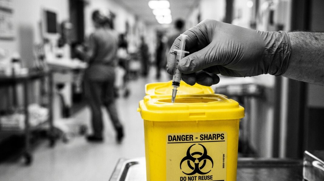 What is the most common risk of exposure to bloodborne pathogens for healthcare workers?