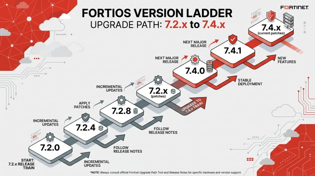 Fortinet FortiOS upgrade path from 7.2 to 7.4 recommended steps infographic