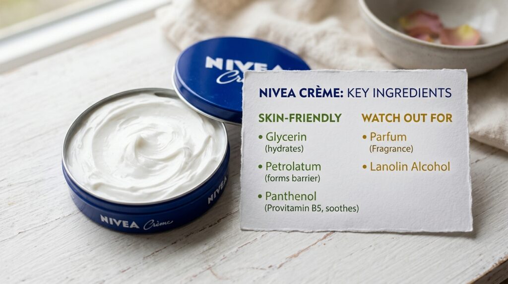 NIVEA Crรจme blue tin open with ingredient breakdown card showing sensitive skin concerns