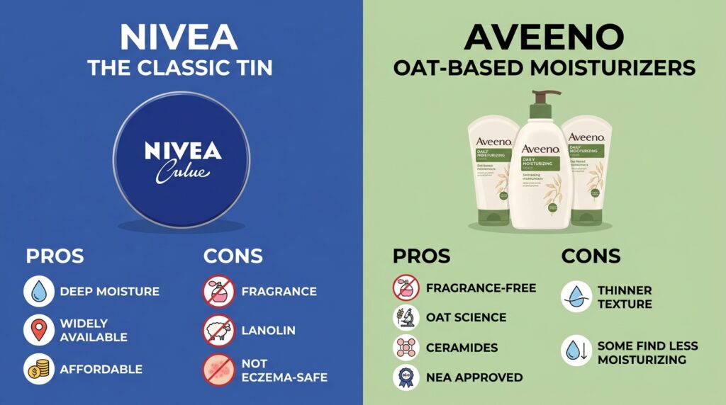  NIVEA vs Aveeno sensitive skin side-by-side comparison chart showing ingredients fragrance and dermatologist ratings