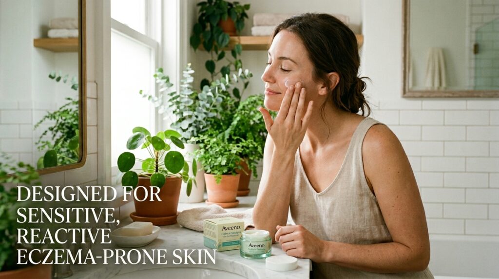 Person applying Aveeno Calm Restore oat gel moisturizer to sensitive facial skin