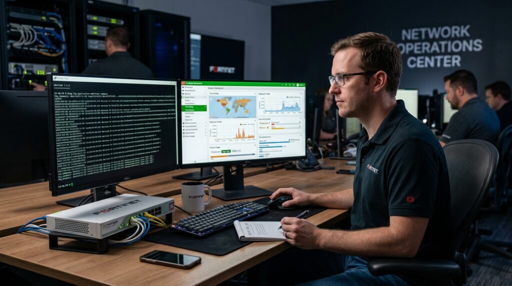 Expert network administrator reviewing Fortinet FortiGate upgrade logs and configuration