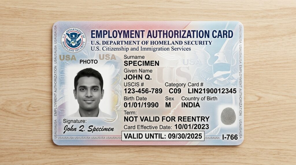 What does an EAD card look like — Form I-766 physical description 