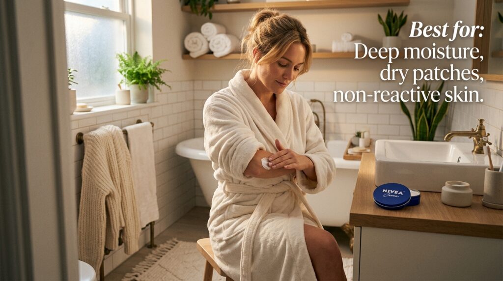 Woman applying NIVEA Sensitive cream on dry skin in cozy bathroom setting