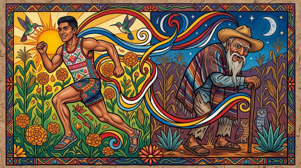 Symbolic duality in the Danza de los Viejitos representing youth and old age, life cycle and wisdom in Purépecha culture