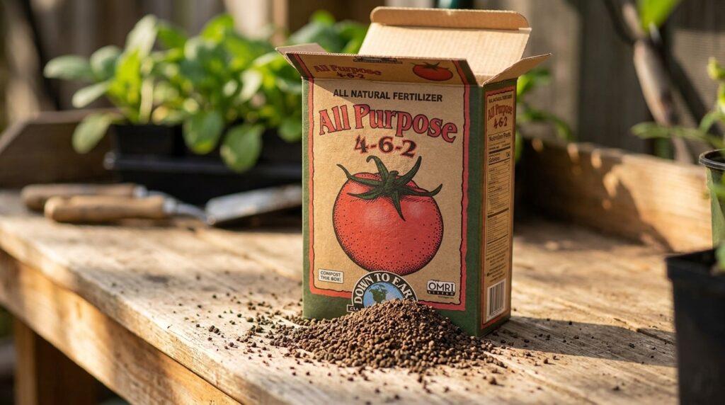 Down to Earth All Purpose Mix 4-6-2 fertilizer box and granules on a wooden garden bench