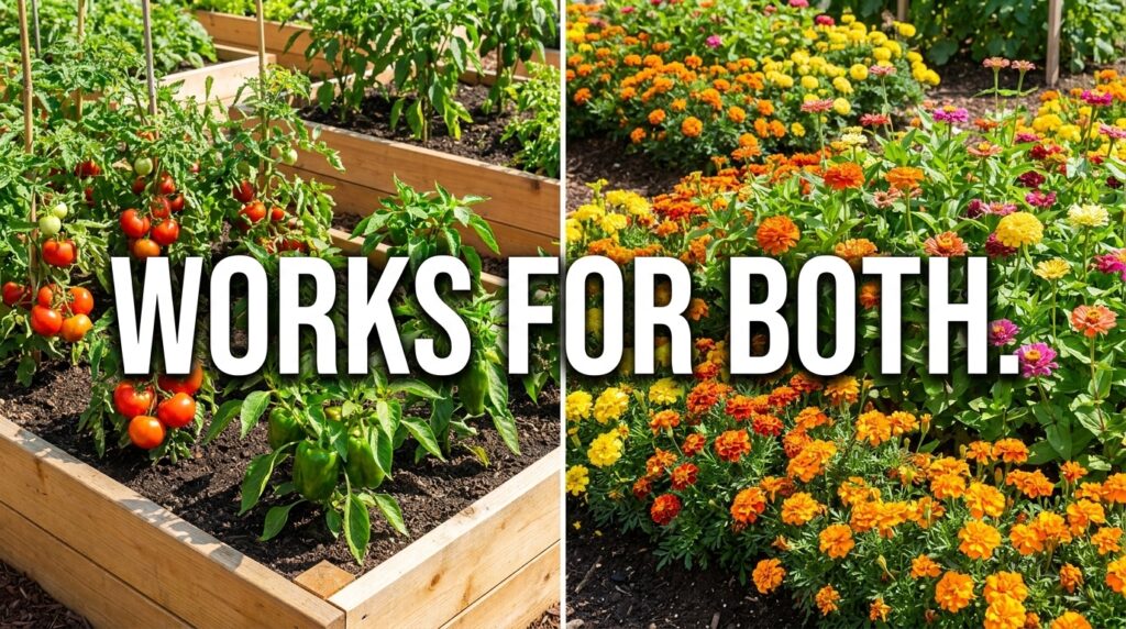 Vegetable garden and flower garden both benefiting from Down to Earth 4-6-2 organic fertilizer