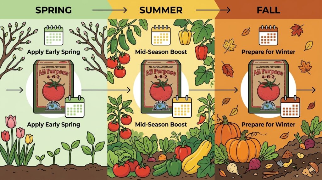 Fertilizer application timing chart for Down to Earth 4-6-2 throughout the growing season