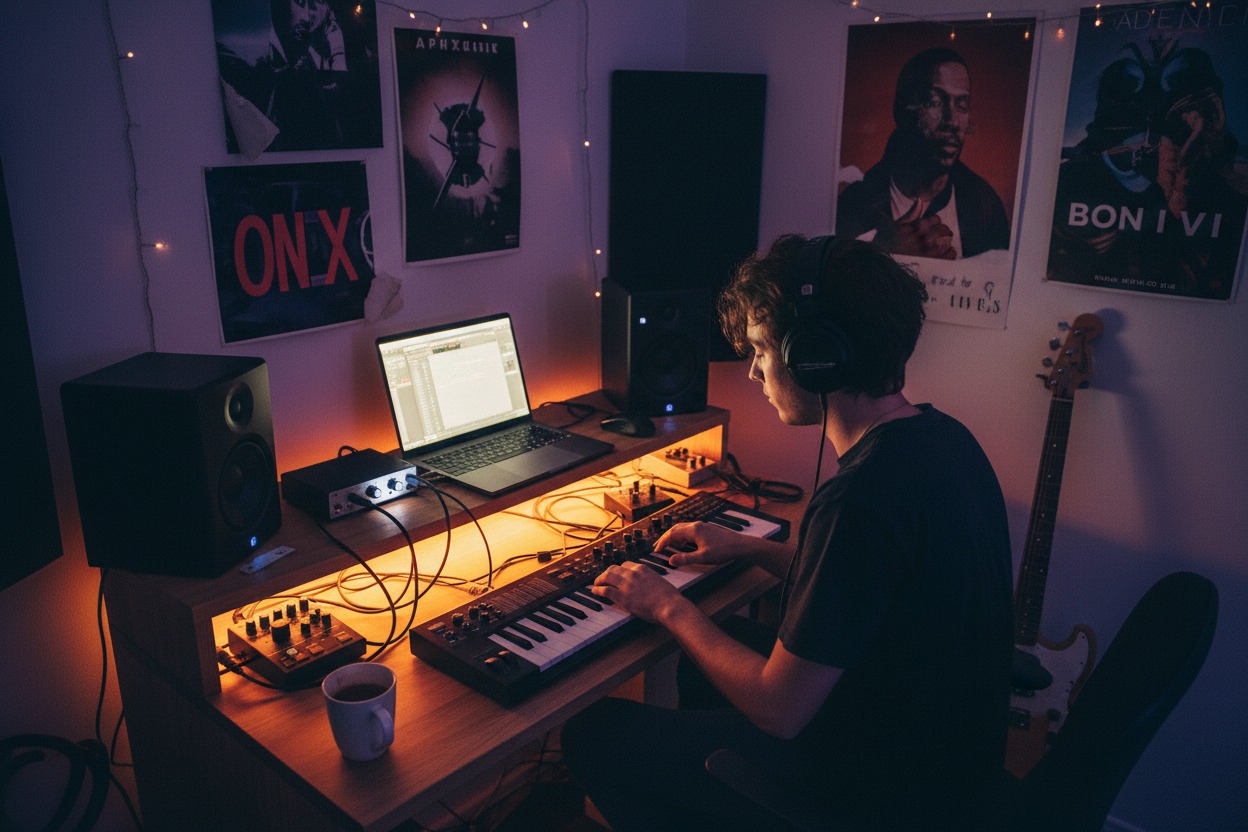 bedroom producer electronic music production DAW laptop home studio