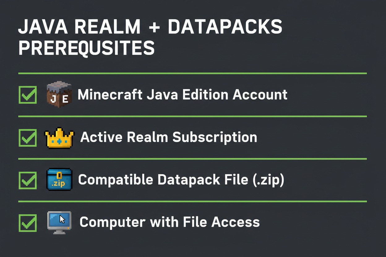ALT Text: Prerequisites for setting up Minecraft Java 1.21.10 realm with datapacks checklist