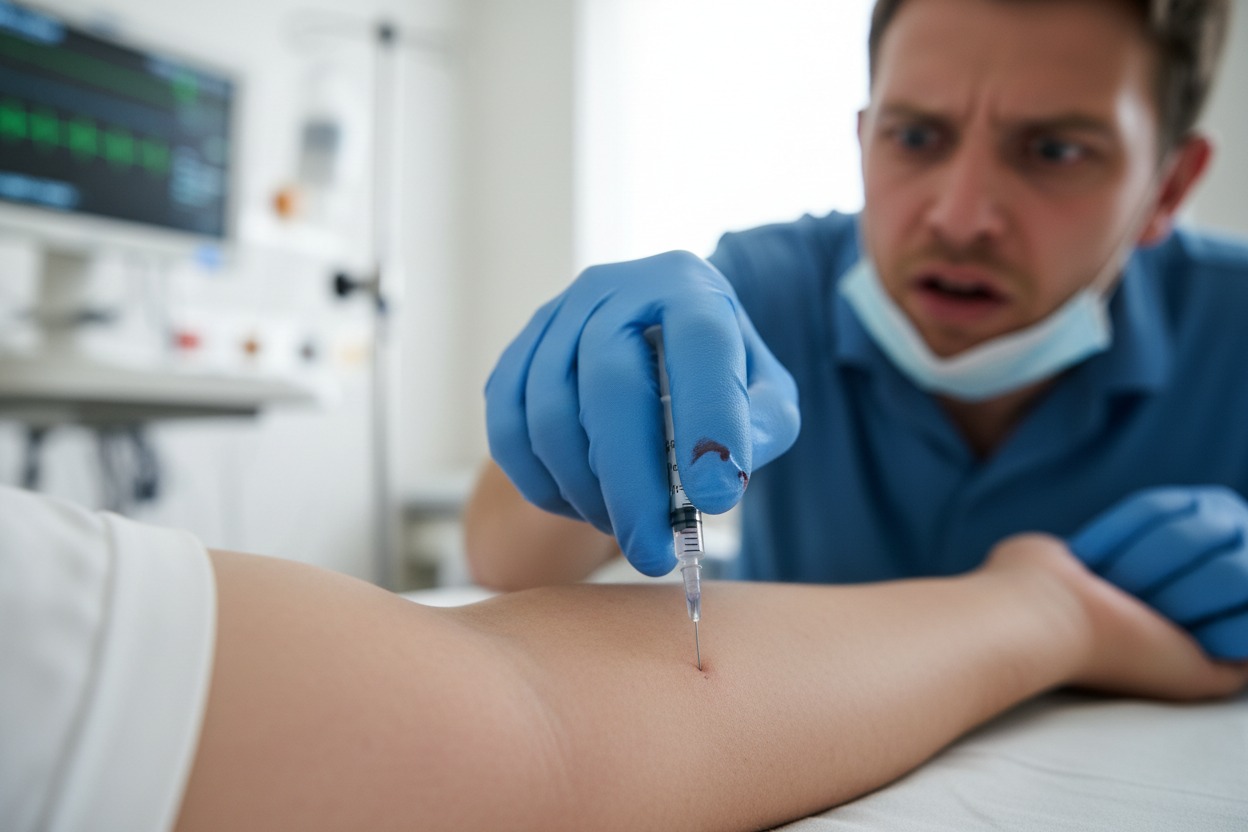 Healthcare worker at risk of needlestick injury while handling a syringe — the most common bloodborne pathogen exposure risk