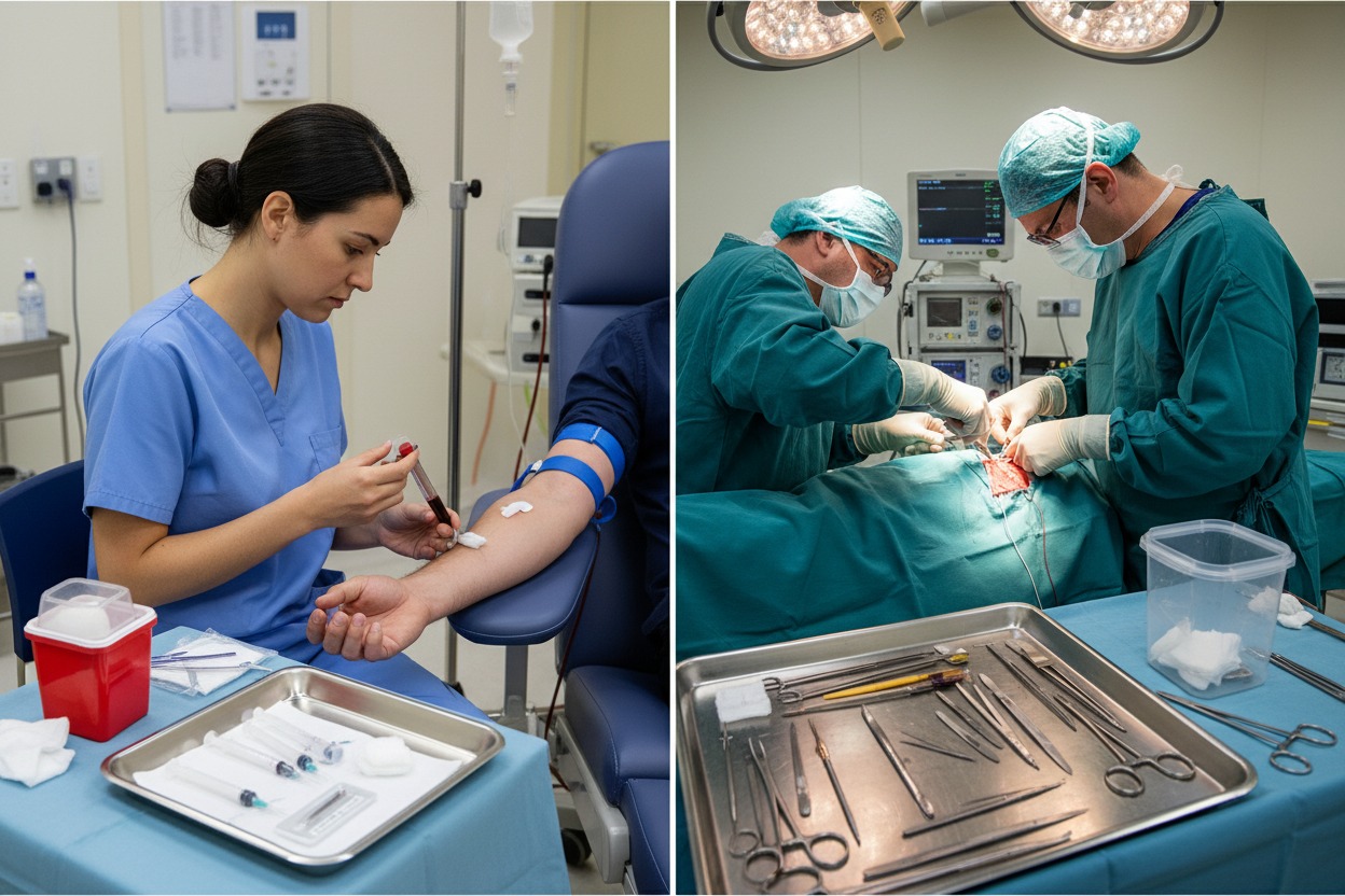 Healthcare workers performing blood draw and suturing — common situations where needlestick injuries occur