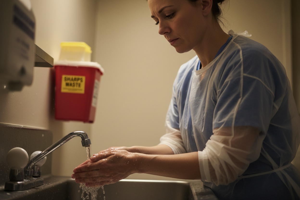 Healthcare worker washing hands after potential needlestick injury — immediate post-exposure response steps