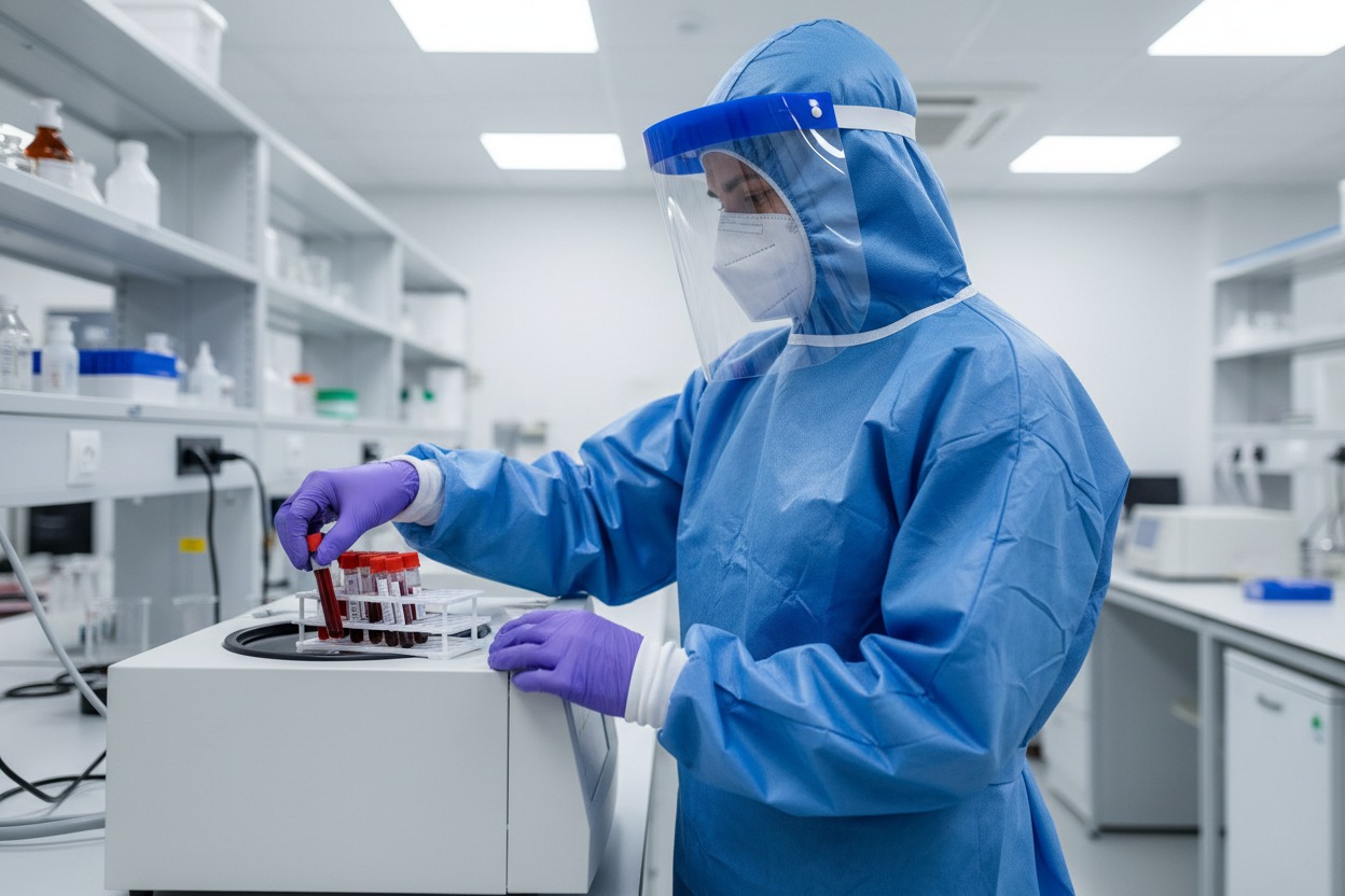 Healthcare worker in full PPE handling blood samples to prevent bloodborne pathogen exposure through skin and mucous membranes