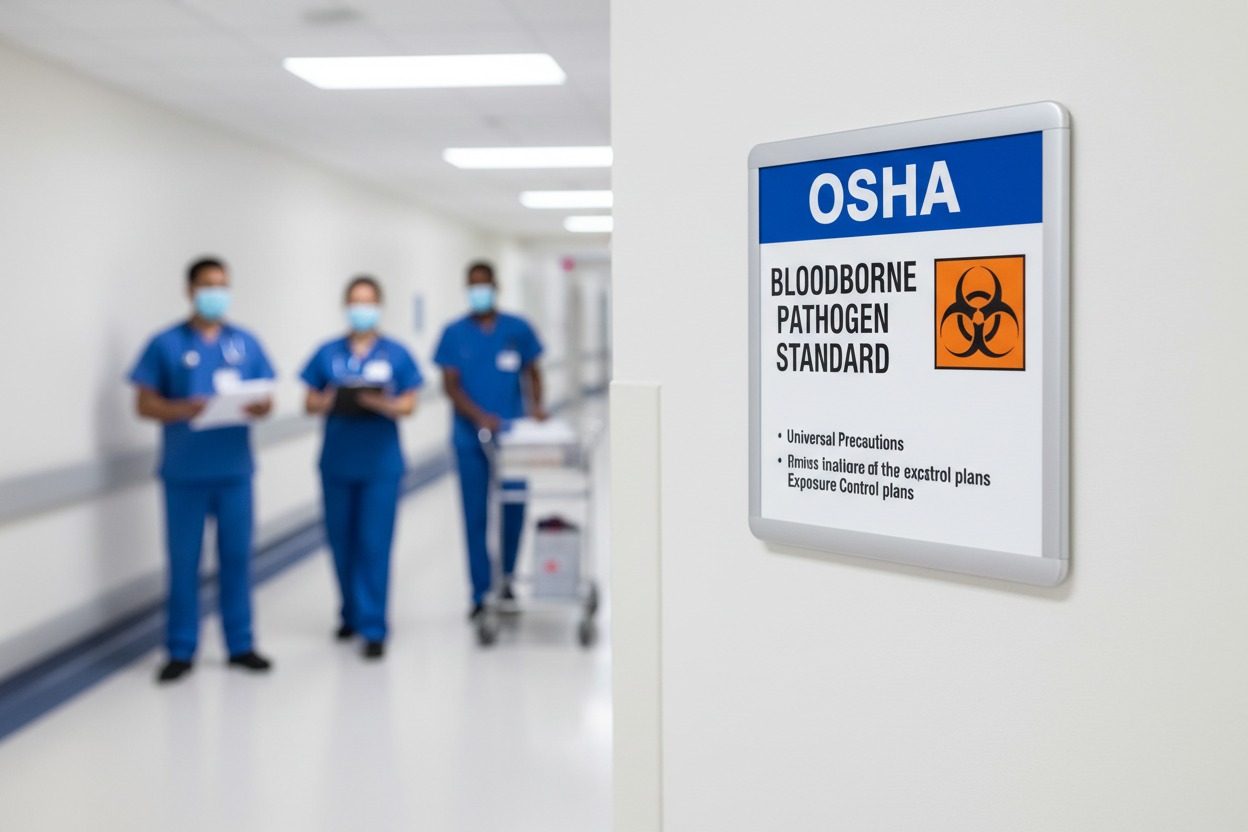 OSHA bloodborne pathogen compliance signage in a hospital setting, representing federal worker protections