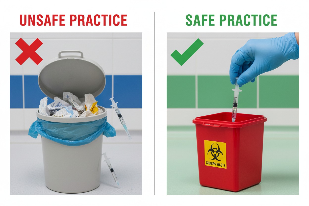 Comparison of unsafe vs. safe sharps disposal practices to prevent bloodborne pathogen exposure in healthcare settings