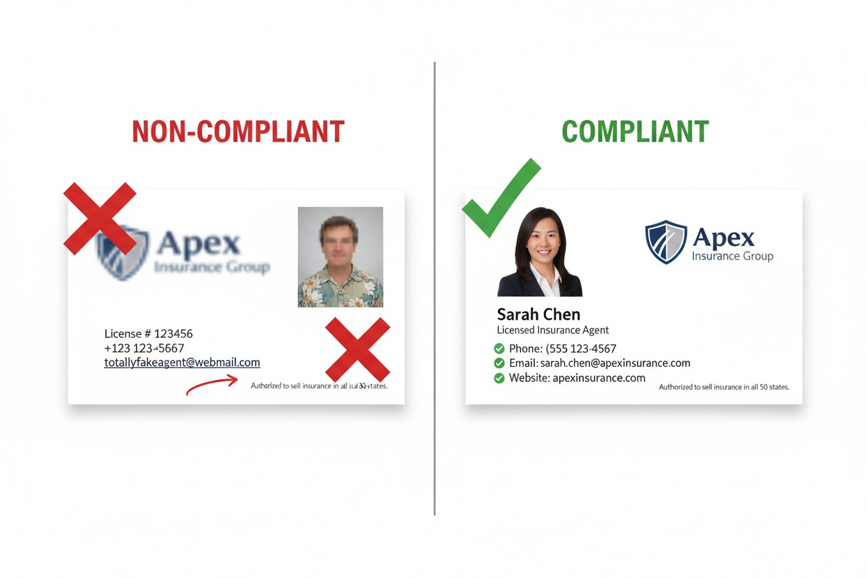 compliant vs non-compliant insurance agent business card disclosures comparison