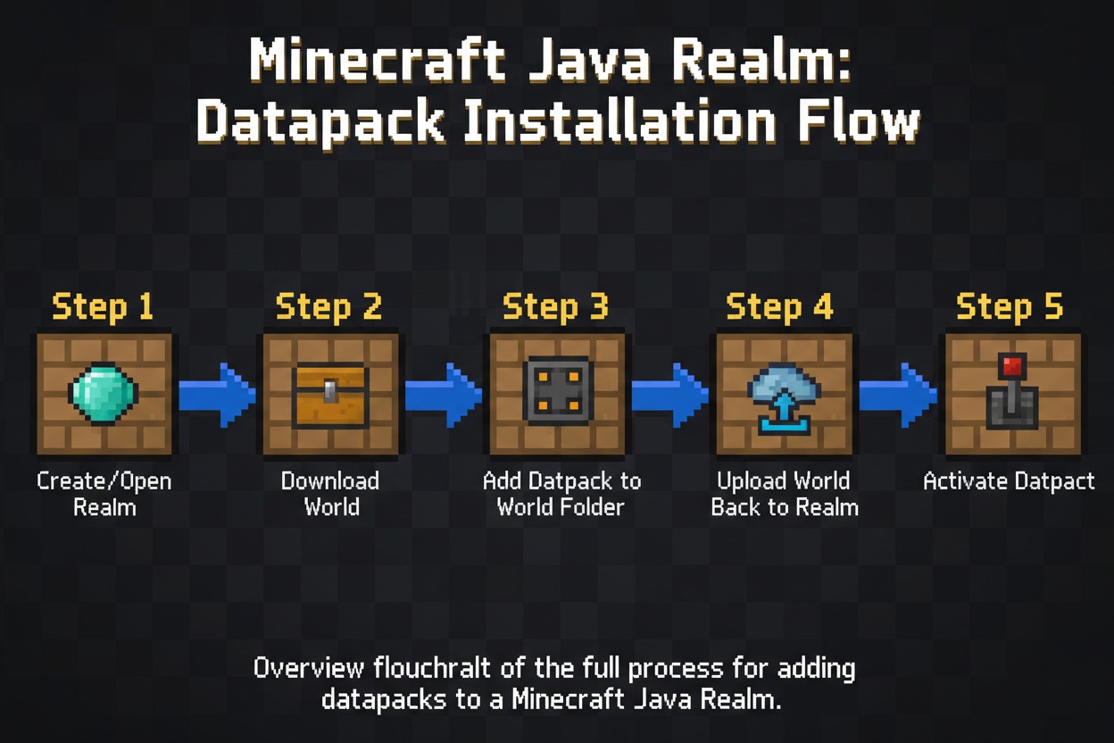 Step-by-step flowchart for adding datapacks to Minecraft Java 1.21.10 realm