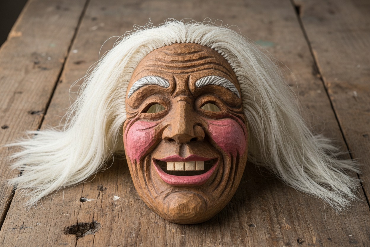 Traditional danza de los viejitos mask made of carved wood with wrinkled face, white hair, and smiling expression — Purépecha folk art