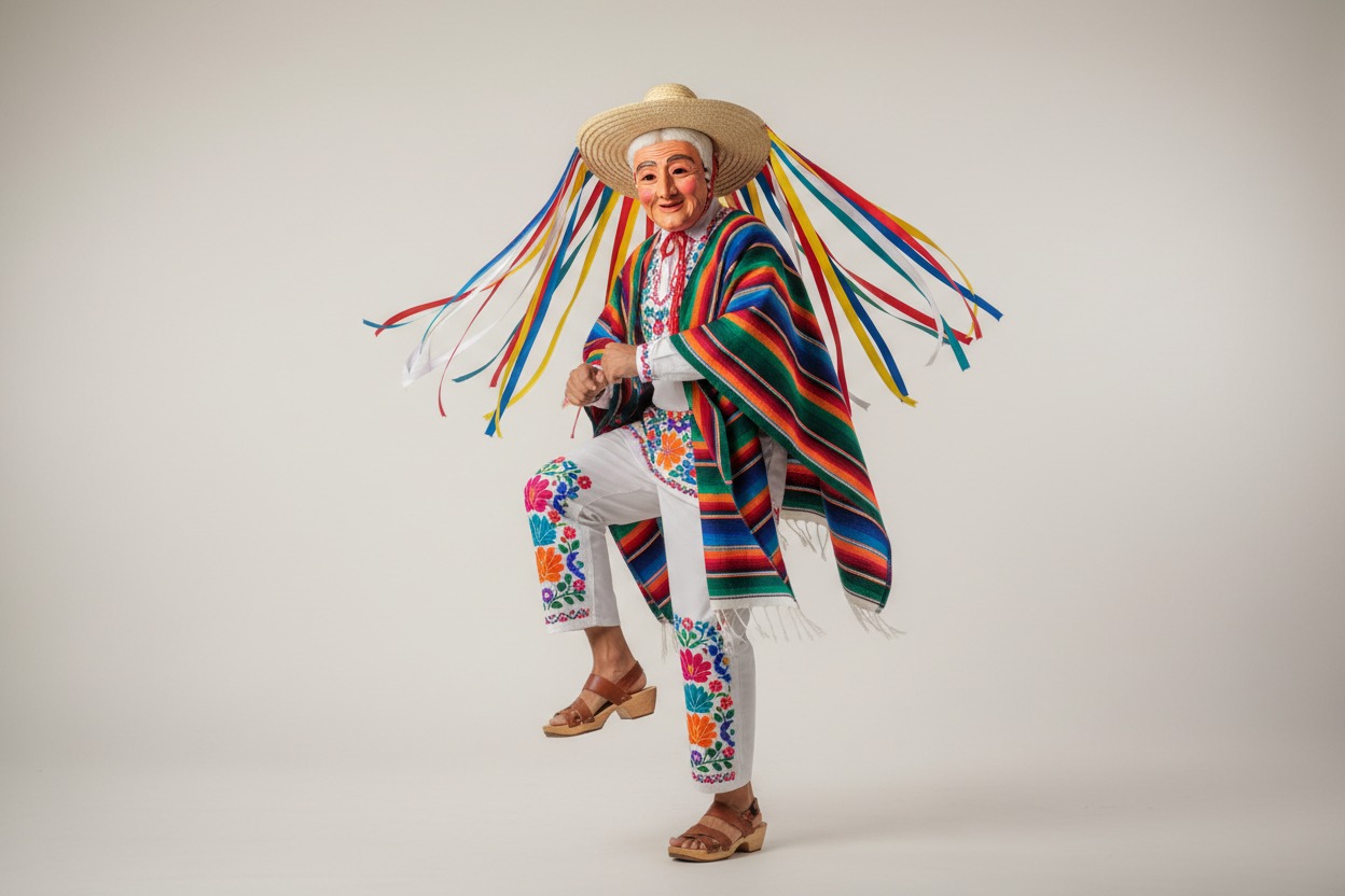 Danza de los Viejitos dancer in full traditional Purépecha costume including straw hat with ribbons, sarape, and wooden sandals