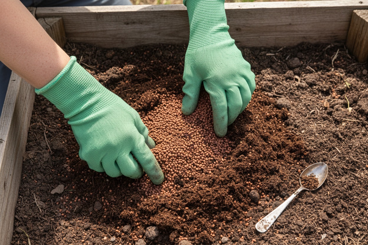 Gardener mixing Down to Earth 4-6-2 granular fertilizer into raised bed soil