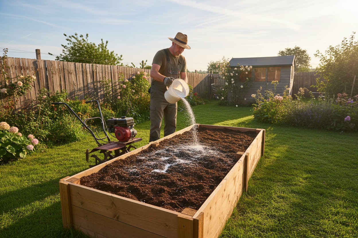 Preparing new garden bed with Down to Earth All Purpose Mix 4-6-2 fertilizer