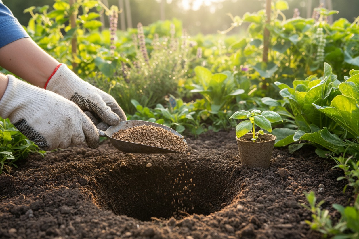 Adding Down to Earth 4-6-2 to planting hole before transplanting seedlings